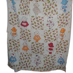 Vintage Tied Quilt Ragdoll Bonnet Girl Yellow Orange Floral Blanket 72x78"